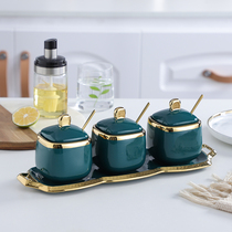 Nordic ceramic seasoning tank Household kitchen three-piece combination seasoning tank Salt tank seasoning box Sugar tank Light luxury set
