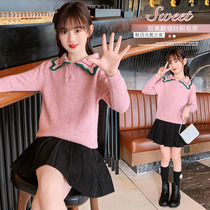 Girl sweater autumn outfit 2022 new fashionable children's cyber-long sleeve clothes girl pure-colored flower collar top