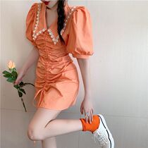 Method of French pearls flap Foam Sleeves Retro Skirt children Summer temperament Lean Waist Draw Rope Draped Pleated Dress Surges