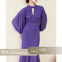 Z Boss Unique Neckline Lantern Sleeve Design Irregular Downswing Pure Color Romantic Long Skirt Mulberry Silk Dress Skirt Woman