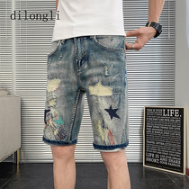 Summer thin slim small foot shorts Korean version of the net Red Tide brand fashion wild hole casual five-point jeans men