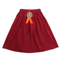 Linen Skirt Wine Red Chinese Style Retro Ethnic Swing Skirt Girls Baby Cotton Linen Spring and Autumn Thick Section