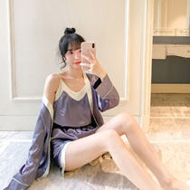 Pajamas female spring and summer simulation silk cute Korean home wear three-piece solid color short sleeve suit pajamas home clothing women