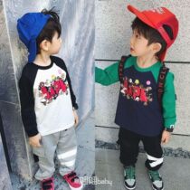 Spring and autumn winter New Japanese tide boy daughter small and medium-sized childrens clothing splicing sleeve Terry thick long sleeve T-shirt small guard jacket