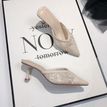 2022 new embroidered lace web face summer outwear pointed high heel sandals women fine with Baotou Mueller Half slippers