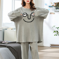 Korean version of long-sleeved pajamas female spring and autumn cute cartoon large size loose home clothes set fat mm200 kg can be worn outside