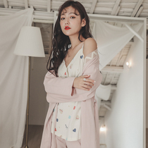 Pajamas female spring and autumn cotton long sleeve Japanese suspender three-piece set cute sweet summer thin casual home wear