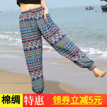 Summer thin womens cotton bloomers Thailand loose large size flower pants wide leg pants seaside resort beach trousers