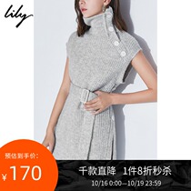 Lily winter new womens wear two collar asymmetric button lace-up vest high neck wool sweater 0906KK
