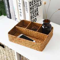 Retro Seagrass Containing box Four-grid Debris Containing basket Desktop Remote control Contained Basket-knitted Cosmetic Finishing Box