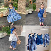 Girl cotton fabric harness with dress 2021 Summer and Han version 4-leaf straw vest doll blouse blouse with loose anti-mosquito pants