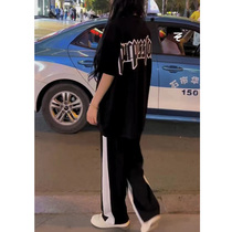 Splicing Straight Drum Loose Sports Pants Woman High Waist Casual White Side Broadlegged Pants Expats Slim Leather Pants Summer High Street Tide Ins