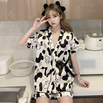 Silk pajamas senior sense female summer thin short sleeve Japanese kimono sweet and cute Ice Silk home clothes two-piece set