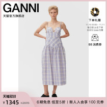 Ganni Womens 2022 New Purple Plaid Print Long Slim Sling Dress F7078276