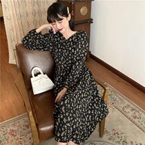  Early autumn 2021 new Korean retro V-neck loose thin skirt floral long-sleeved French dress female trend
