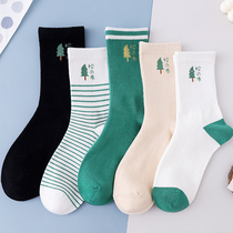 Green Socks Female Mid-Cylinder Streaks Spring Summer Cotton All Season White Day Ensemble Cute Summer Thin stockings