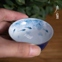 Wooden fish blue glaze hand-painted fish play ceramic tea cup Jingdezhen personal cup owner cup underglaze color kung fu tea set