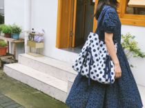 Sumire Xi Handmade Polka Dot Flower Shoulder Bag Summer Canvas Bag Student Bag Retro Literary Girl with Bowknot