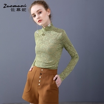 Sasuni high collar slim long sleeve T-shirt female autumn 2021 New Base shirt lace green foreign atmosphere 11424