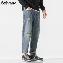 Pants men autumn thin loose straight tube broken hole jeans mens trend Joker casual light color ankle-length pants Tide brand