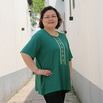 Summer size fat mother womens stretch T-shirt 200kg plus fat plus size mercerized cotton embroidered grandma T-shirt