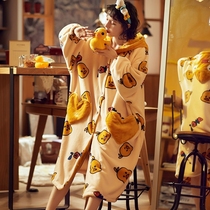 Autumn and winter pajamas female coral velvet thickened cute cartoon little yellow duck hooded nightgown long flannel bathrobe winter