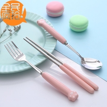 Stainless steel cartoon creative cat claw chopsticks spoon Ceramic handle fork spoon chopsticks set student portable tableware