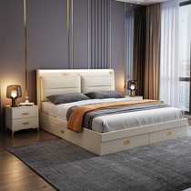 Six shops modern light luxury leather storage bed Wireless Charging LED light with Nordic simple solid wood drawer bed L19