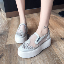 Single shoes women 2021 Spring and Autumn New thick-soled leather mesh loafer shoes a pedal pine cake hollow Joker loafer lazy shoes