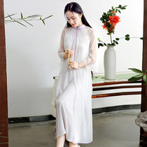 Mucheng Zen Tea dress Literature and art Hanfu womens Chinese style national slim cheongsam vintage Chiffon dress L3599