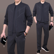 Middle-aged dad sports suit mens autumn and winter casual outfit plus velvet three-piece middle-aged sportswear suit men