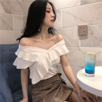 2021 summer new slim slim machine ear edge word shoulder top womens base shirt off-shoulder short-sleeved T-shirt women
