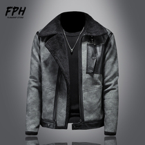Winter multi-pocket imitation lamb fur fur integrated locomotive leather clothing male body short-turned-collar jacket jacket thickened