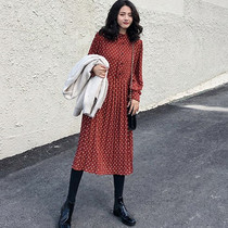 2021 autumn new large size womens loose thin long sleeve chiffon dress over the knee wave dot base long skirt tide