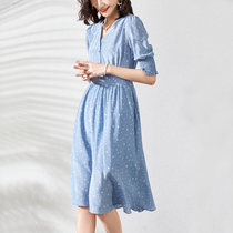 French vintage V-neck silk mulberry silk dress summer bubble sleeves high-end waist temperament wave dot tea break skirt