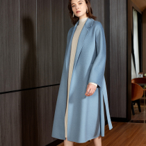 Brahma sky blue double-sided water corrugated cashmere coat women 2021 autumn and winter New long woolen coat women