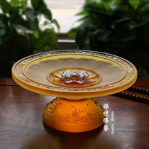 Zen Delight Buddha Art Ancient Glass Lotus Flower Fruit Plate Buddhist Supplies Buddha Fruit Plate Diameter 22cm Amber
