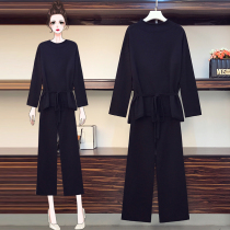 Big woman high-end large size womens clothing 2020 early autumn new fat mm thin Western style sweater wide leg pants two-piece suit