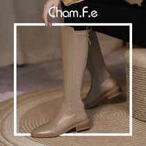 Khaki boots autumn and winter leather thick heeled high-tube Knight boots low-heeled long boots elastic thin boots female 569C