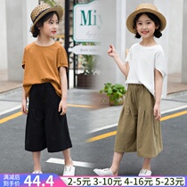 Girls wide leg pants cotton linen set summer 2020 new large children loose cropped pants foreign style cotton two-piece set
