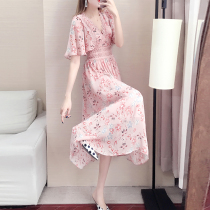 Chiffon floral dress womens 2021 summer new super Xian Sen department summer waist thin temperament skirt