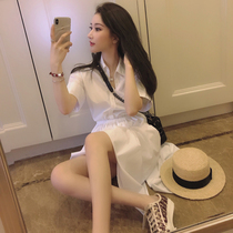 Korea counter 2021 summer new retro high waist elastic belt slim shirt dress white a casual skirt