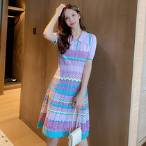 Korea counter 2021 summer New Polo short sleeve ice silk striped knitted dress waist temperament A- line dress
