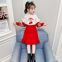 Girls sweater dress autumn winter clothing 2020 new childrens knitted color color dress long skirt