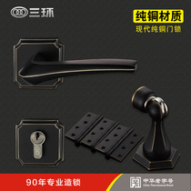 Three-ring mute pure copper split door lock Three suit bedroom inner room door handle real wood door full copper lock G35