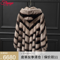 Fashion mink coat womens whole mink medium long wavy pendulum imported velvet mink fur coat hooded