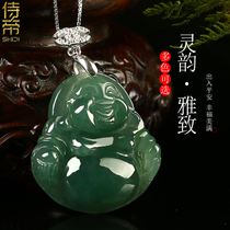 Natural Myanmar Emerald Jade Buddha Pendant Womens Gold Medalle Silver Necklace Oil Green Buddha Jade Pei Floating Green Laughing Buddha