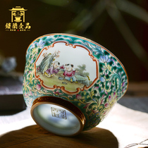 Jingdezhen ceramic hand-painted pastel wrapped branches and lotus children inside blue and white hand-pressed teacup Kung Fu tea master cup Single cup