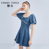 Sugar Force Spring Summer New Blue Bubble Cuff Short Sleeve Square Collar Imitation Drilling flow Su Xianthin cotton Denim Dress Girl