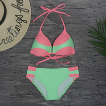 Fluorescent green stitching fresh solid color full cup sports split bikini new model no steel bracket sexy swimsuit
